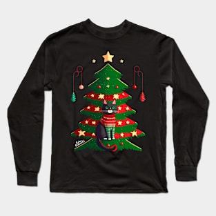 Cute cat in Christmas sweater and Christmas tree Long Sleeve T-Shirt